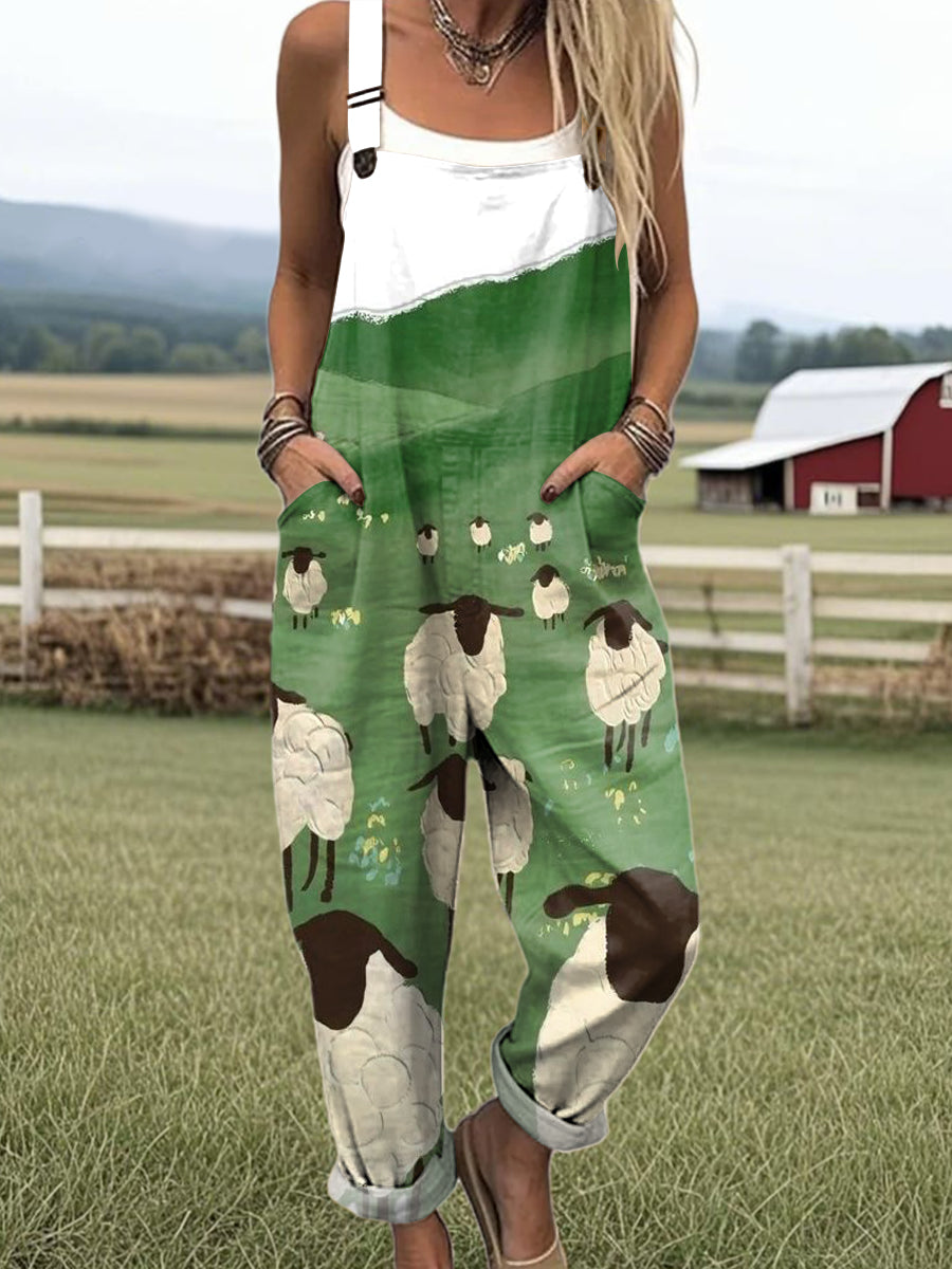 Women's Cute Farm Lamb Illustration Art Print Casual 100% Cotton Wide Leg Jumpsuit