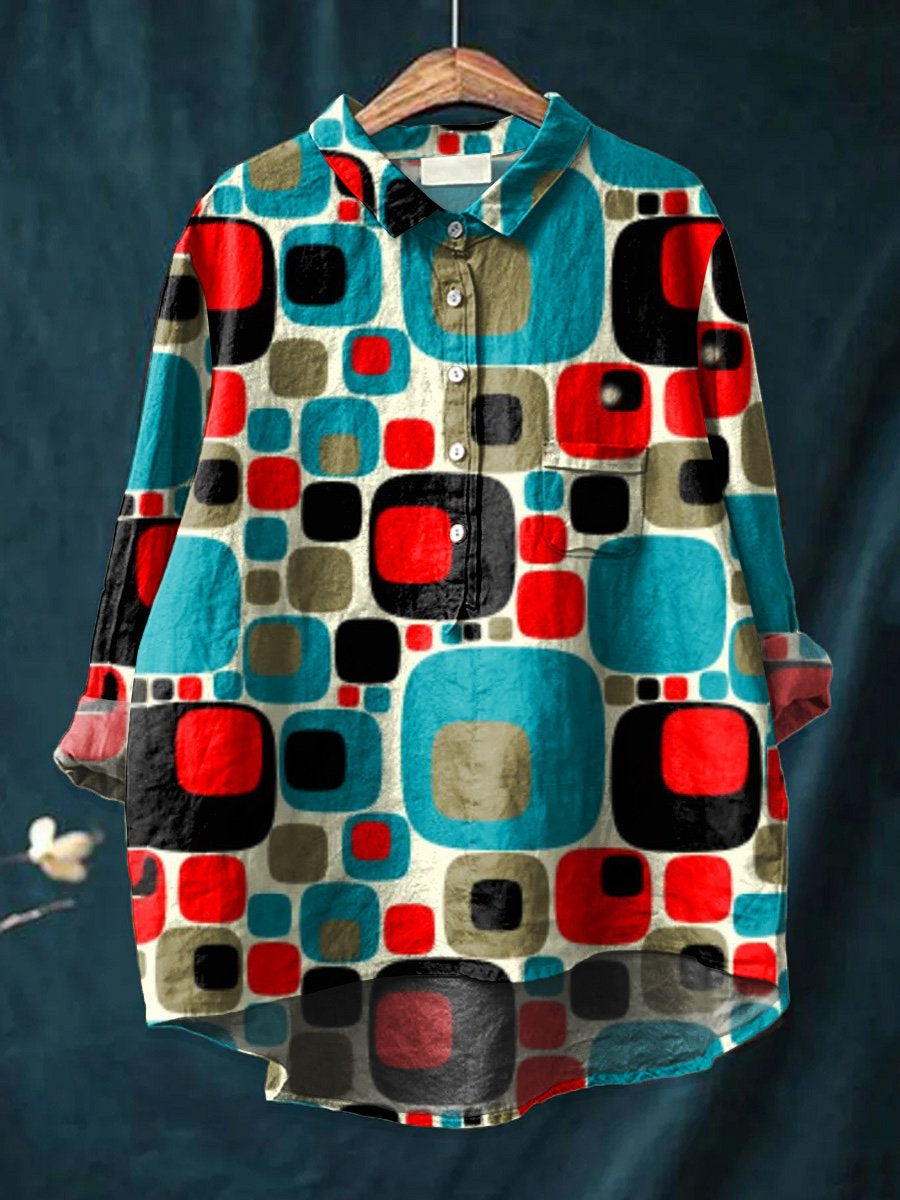 Women's  Abstract Geometry Art Print Casual Cotton And Linen Shirt