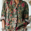 Women's Vintage Ethnic Paisley Floral Drawing Art Print Casual Cotton And Linen Ruffle Shirt