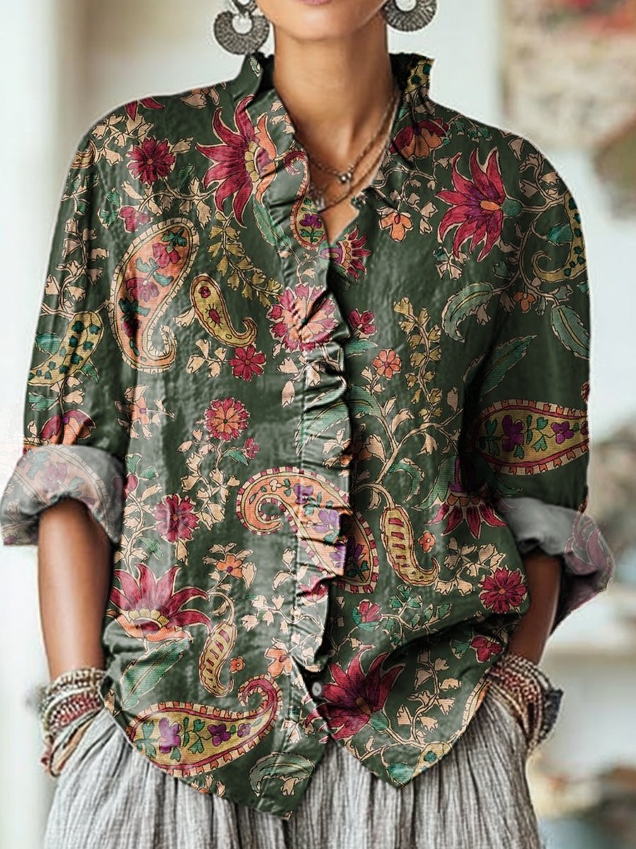 Women's Vintage Ethnic Paisley Floral Drawing Art Print Casual Cotton And Linen Ruffle Shirt