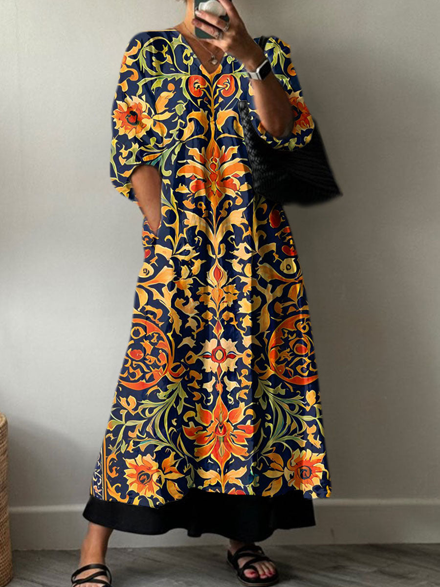 Women's Vintage Flower Art Print  Pocket V-neck Cotton Dress