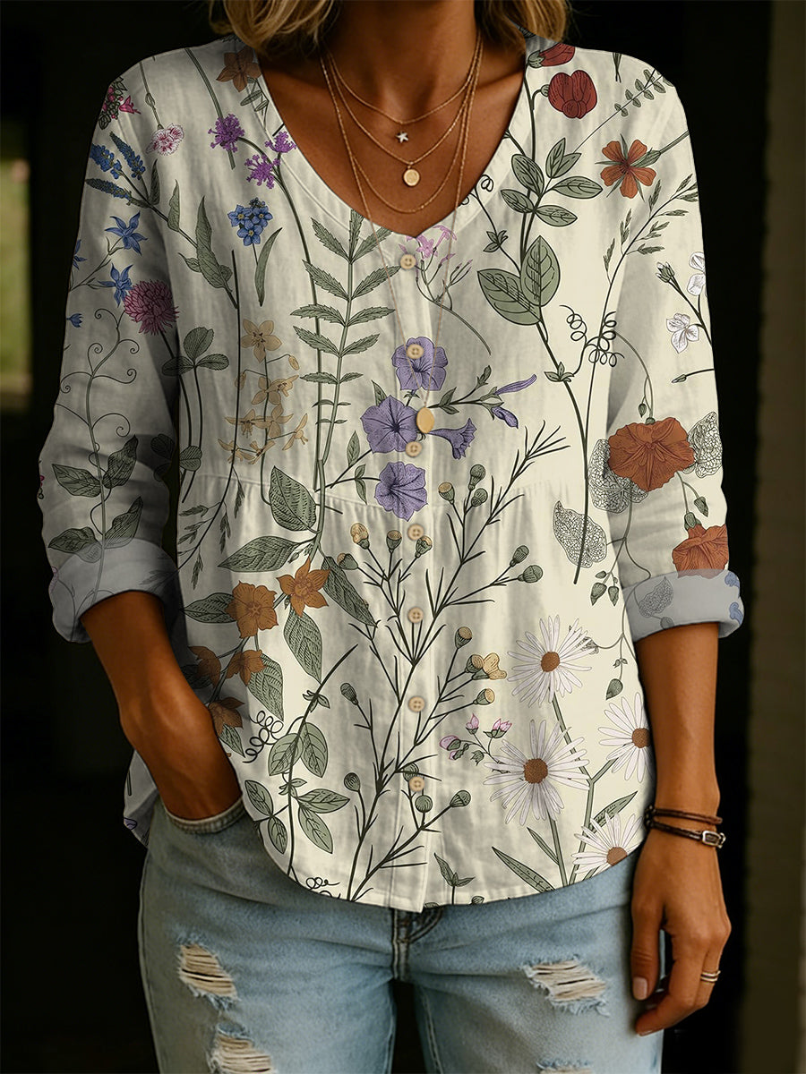 Women's Elegant Vintage Floral Pattern Linen And Cotton Shirt