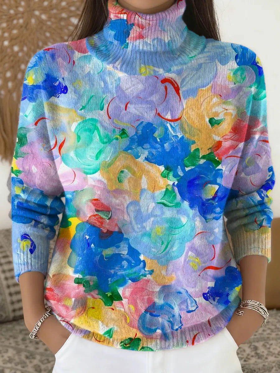 Women's Floral Pattern Art Print Knit Turtleneck Pullover Sweater