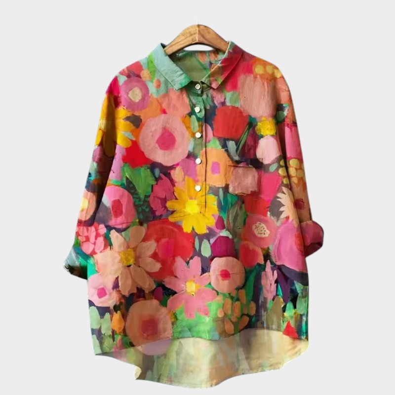 Linen Long Sleeve Tops for Women Lapel Neck Trendy Printed Shirts Loose Fit Tops Casual Ladies Going Out Blouses