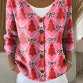 Christmas Pink Tree Print Buttoned V-neck Cardigan Sweater
