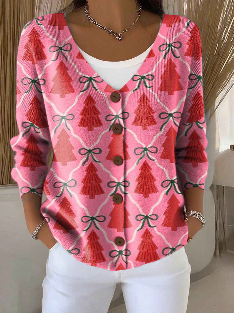Christmas Pink Tree Print Buttoned V-neck Cardigan Sweater
