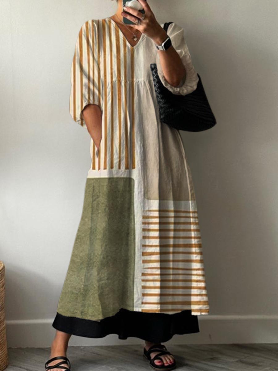 Women's Abstract Geometric Line Pattern Art Print Pocket V-neck Cotton Dress