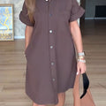 Women's Lapel Short Sleeve Solid Color Casual Cotton Shirt Dress