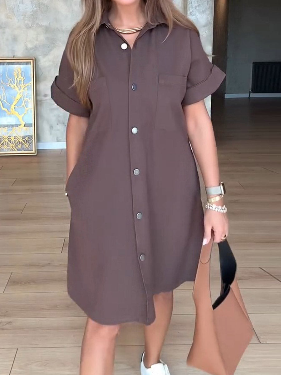 Women's Lapel Short Sleeve Solid Color Casual Cotton Shirt Dress