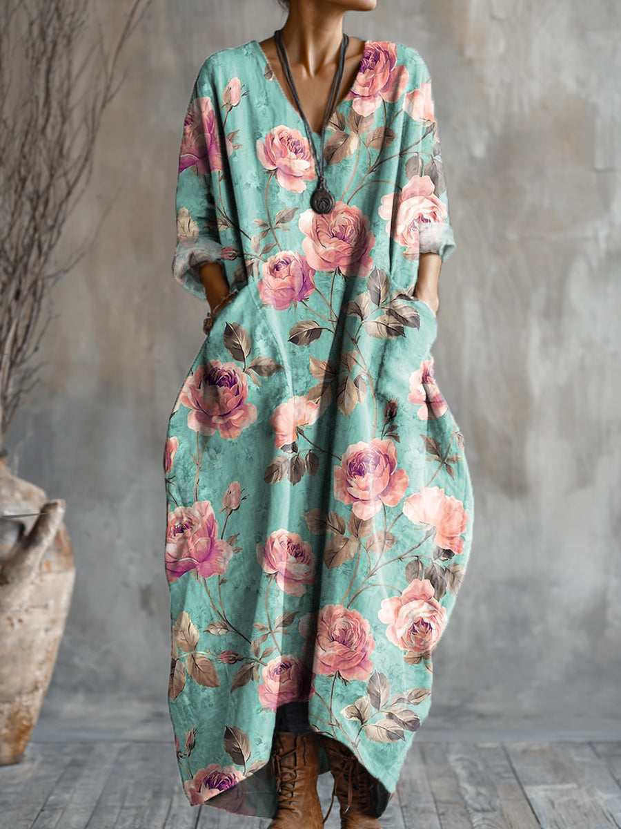 Women's Beautiful Rose Flower Painting Art Print Pocket V-neck Cotton Dress