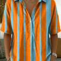 Women's Retro Color-block Striped Cotton-linen Short-sleeve Shirt
