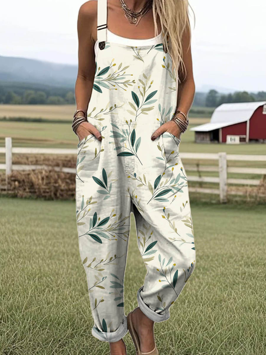 Women's Floral Art Print Casual 100% Cotton Wide Leg Jumpsuit