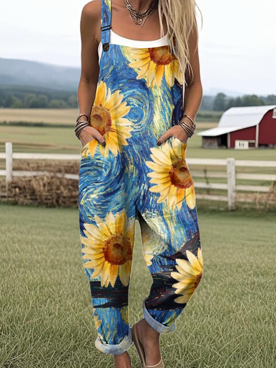 Women's Lovely Sunflowers Art Print Casual 100% Cotton Wide Leg Jumpsuit