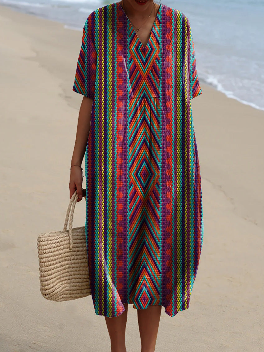 Ethnic Style Geometric Pattern Printed Women's Flowy Dress