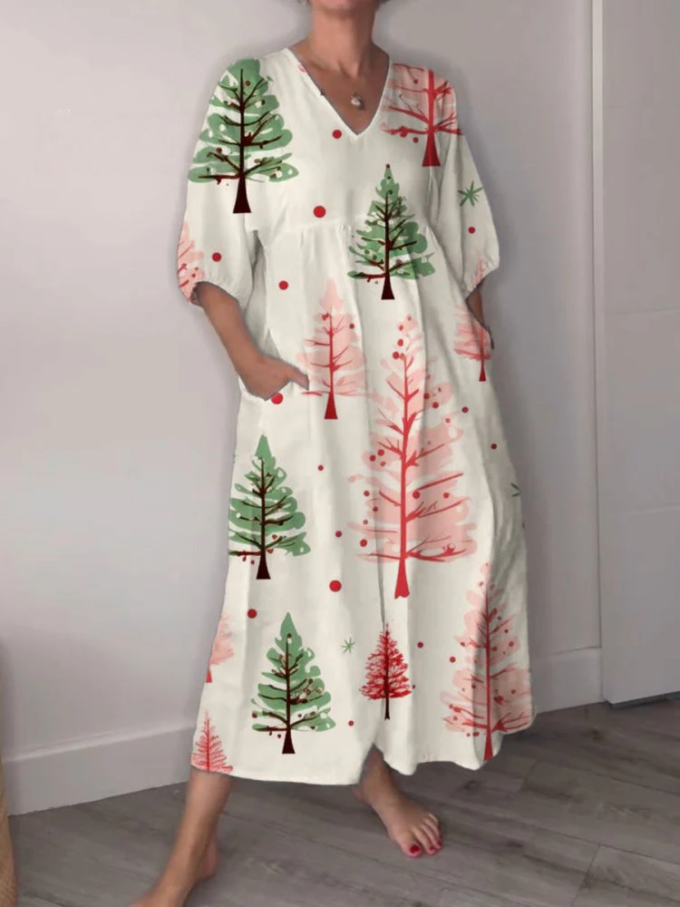 Women's Vintage Christmas Tree Print Pocket V-neck Cotton Dress