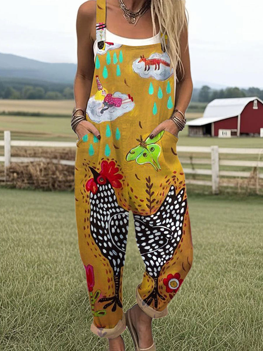 Women's  Funny Chicken Art Print Casual 100% Cotton Wide Leg Jumpsuit