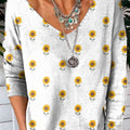 Petite Sunflower Pattern Printed V-Neck Pullover Knit Top