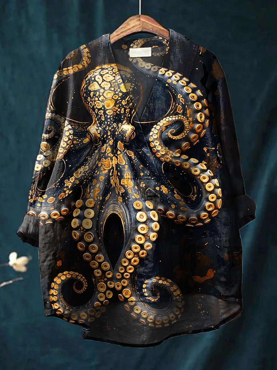 Women's Vintage Octopus Art Print Casual Cotton And Linen V-neck Shirt