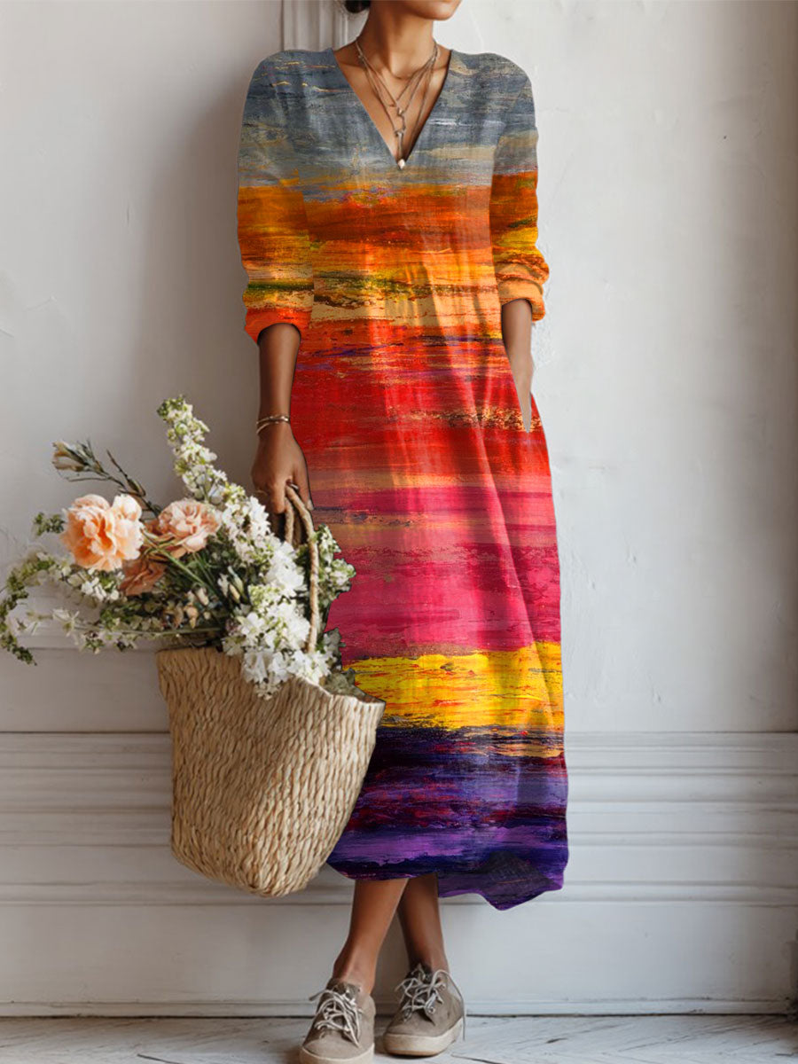 Women's Vintage Gradient Art Print Linen Pocket Tunic Dress