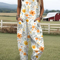 Women's  Vintage Flower Art Print Casual 100% Cotton Wide Leg Jumpsuit