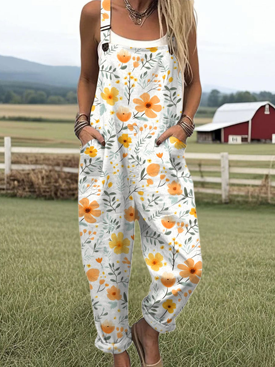 Women's  Vintage Flower Art Print Casual 100% Cotton Wide Leg Jumpsuit