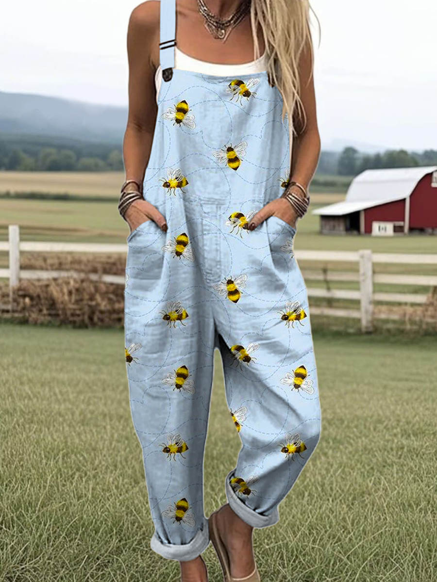 Women's Lovely Bees Art Print Casual 100% Cotton Wide Leg Jumpsuit