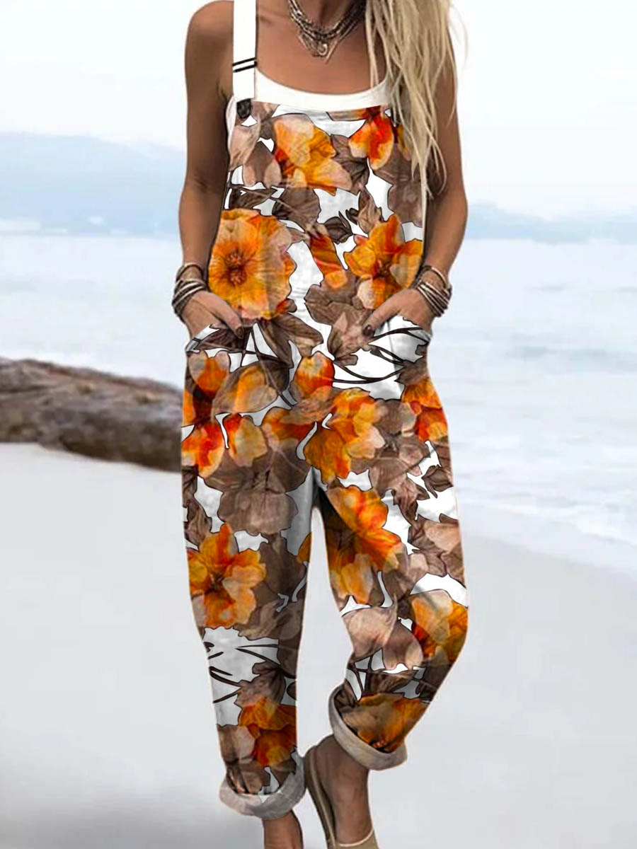 Women's Vintage Floral Pattern Art Print Casual 100% Cotton Wide Leg Jumpsuit