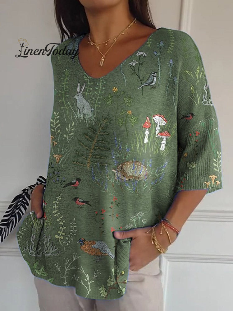 Woodland And Animals Repeat Pattern Printed Women's Casual Pullover Knit