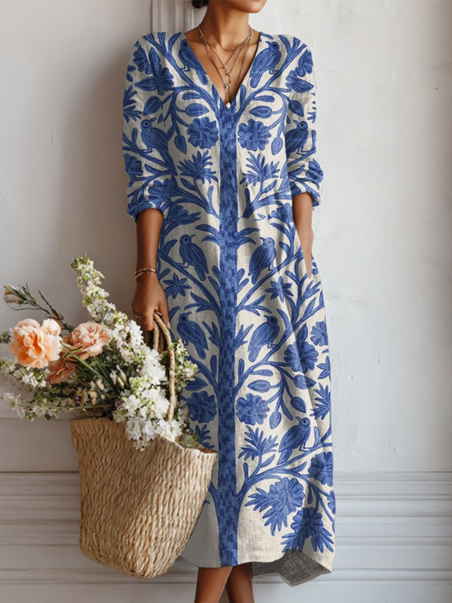 Women's Vintage Tree Art Print Linen Pocket Dress
