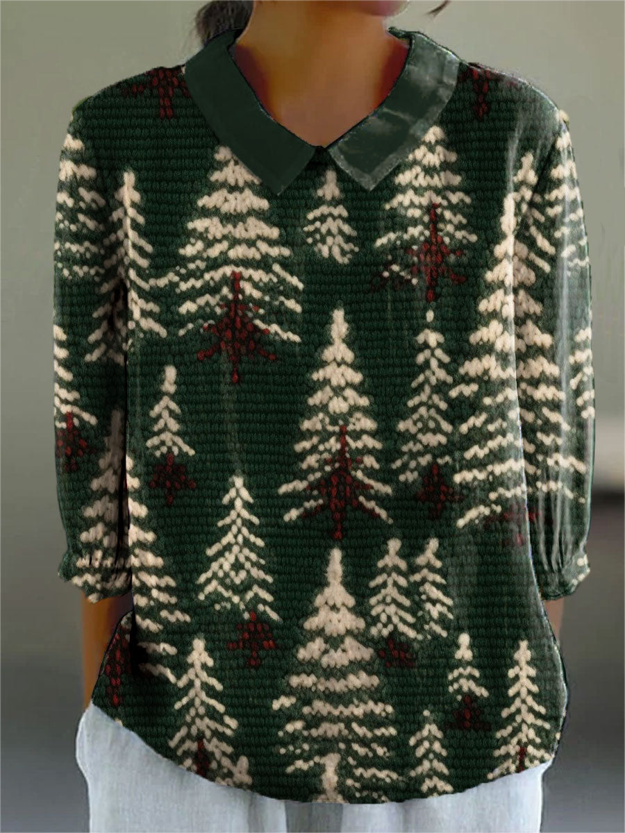 Women's Christmas Tree Print Casual Cotton And Linen 3/4 Sleeve Shirt