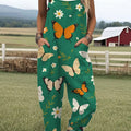 Women's Funny Butterfly Art Print Casual 100% Cotton Wide Leg Jumpsuit