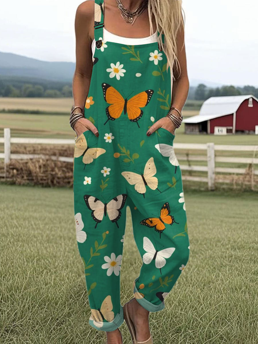 Women's Funny Butterfly Art Print Casual 100% Cotton Wide Leg Jumpsuit
