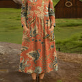 Women's Beautiful Vintage Ethnic Floral Art Print Cotton Lapel Button-Down Shirt Dress