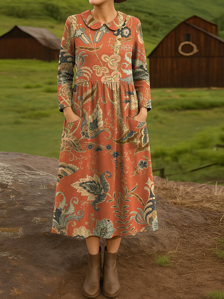 Women's Beautiful Vintage Ethnic Floral Art Print Cotton Lapel Button-Down Shirt Dress