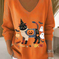womens-lovely-halloween-cat-art-print-casual-pullover-sweater