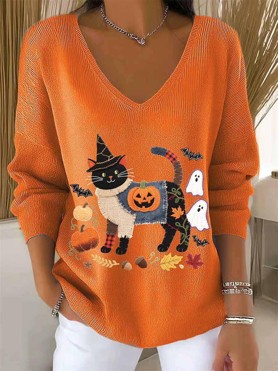 womens-lovely-halloween-cat-art-print-casual-pullover-sweater