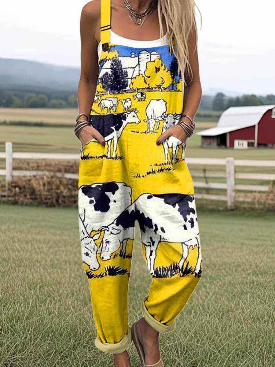 Women's Lovely Cow Art Print Casual 100% Cotton Wide Leg Jumpsuit