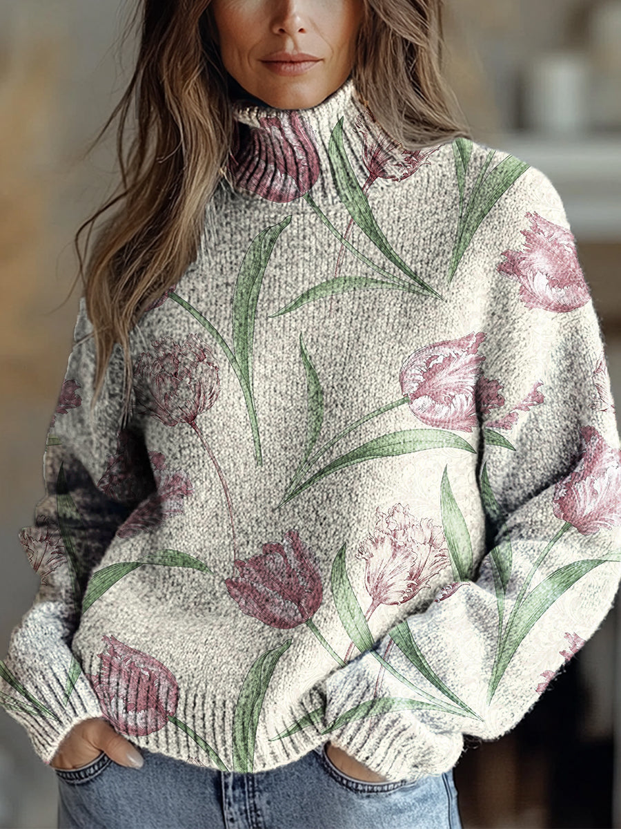 womens-retro-art-flowers-print-knit-turtleneck-pullover-sweater-wb5n