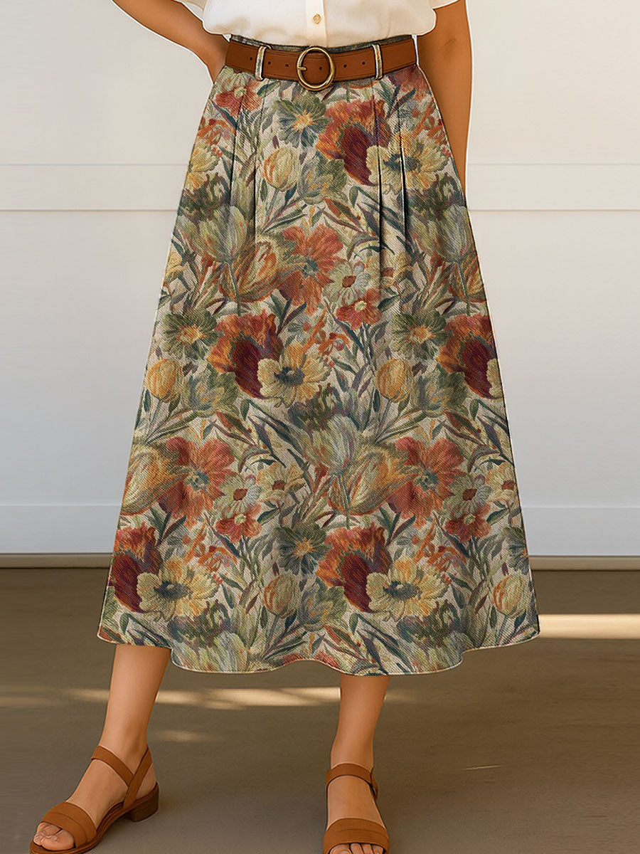 Women's Retro Pattern Print High Waist Casual A-Line Skirt