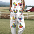 Women's  Vintage  Funny Chicken Art Print Casual 100% Cotton Wide Leg Jumpsuit