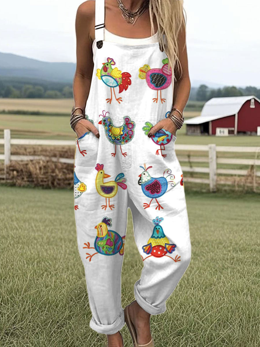 Women's  Vintage  Funny Chicken Art Print Casual 100% Cotton Wide Leg Jumpsuit