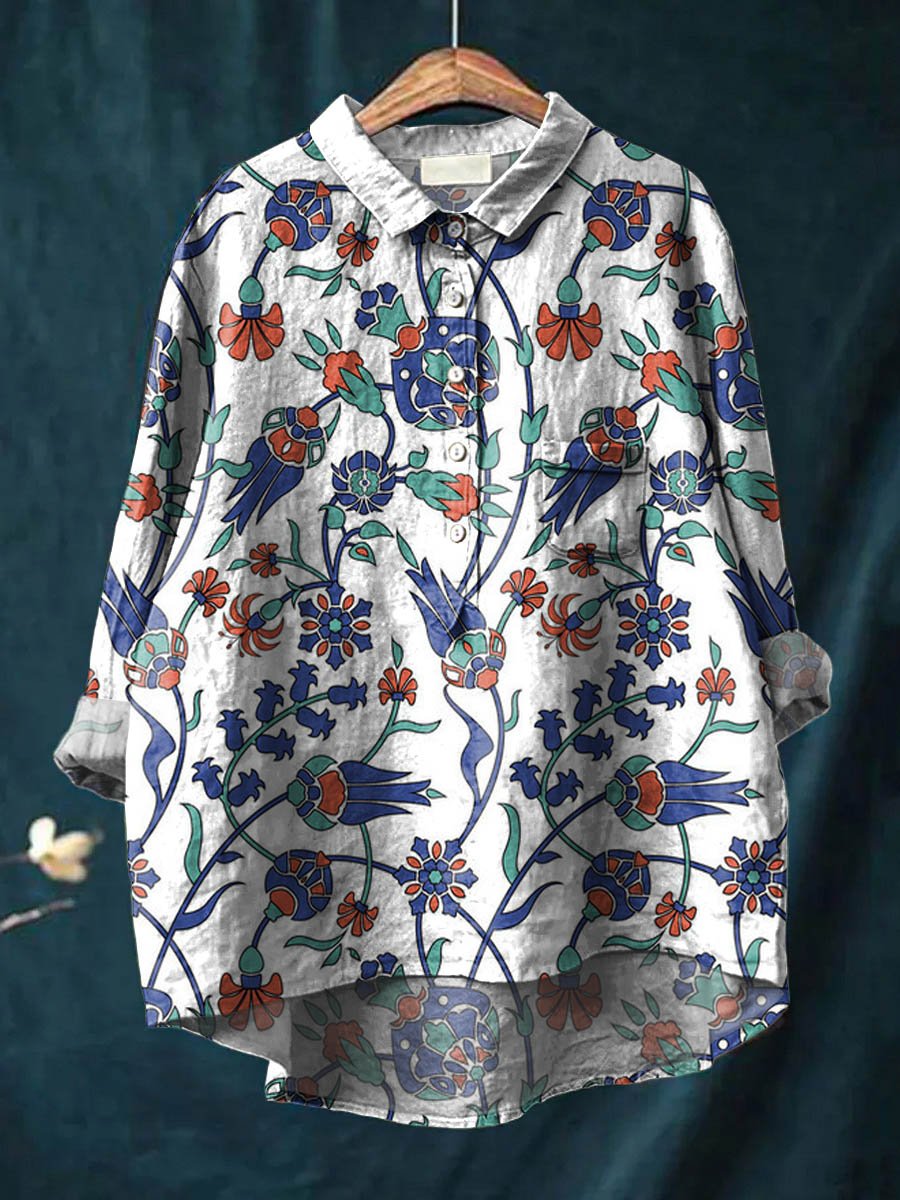 Women's Vintage Floral Art Print Casual Cotton And Linen Shirt