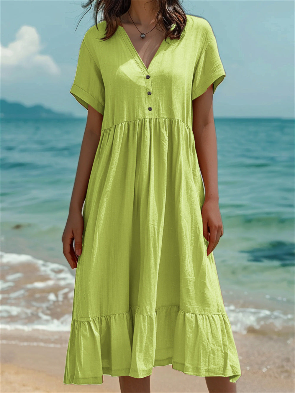 Women's Cotton and Linen Short Sleeve V-neck Dress