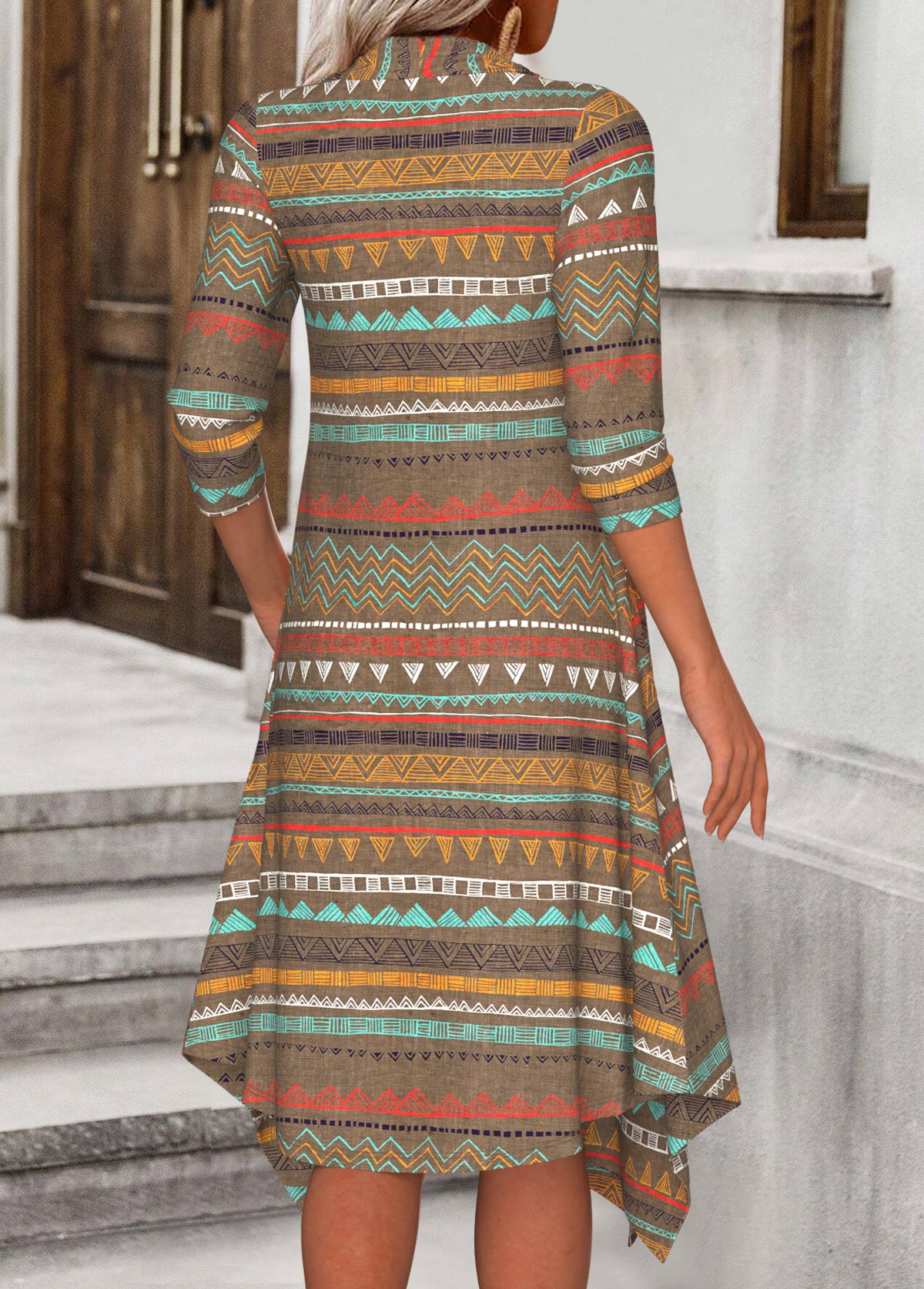 Dark Camel Fake 2in1 Tribal Print A Line Dress