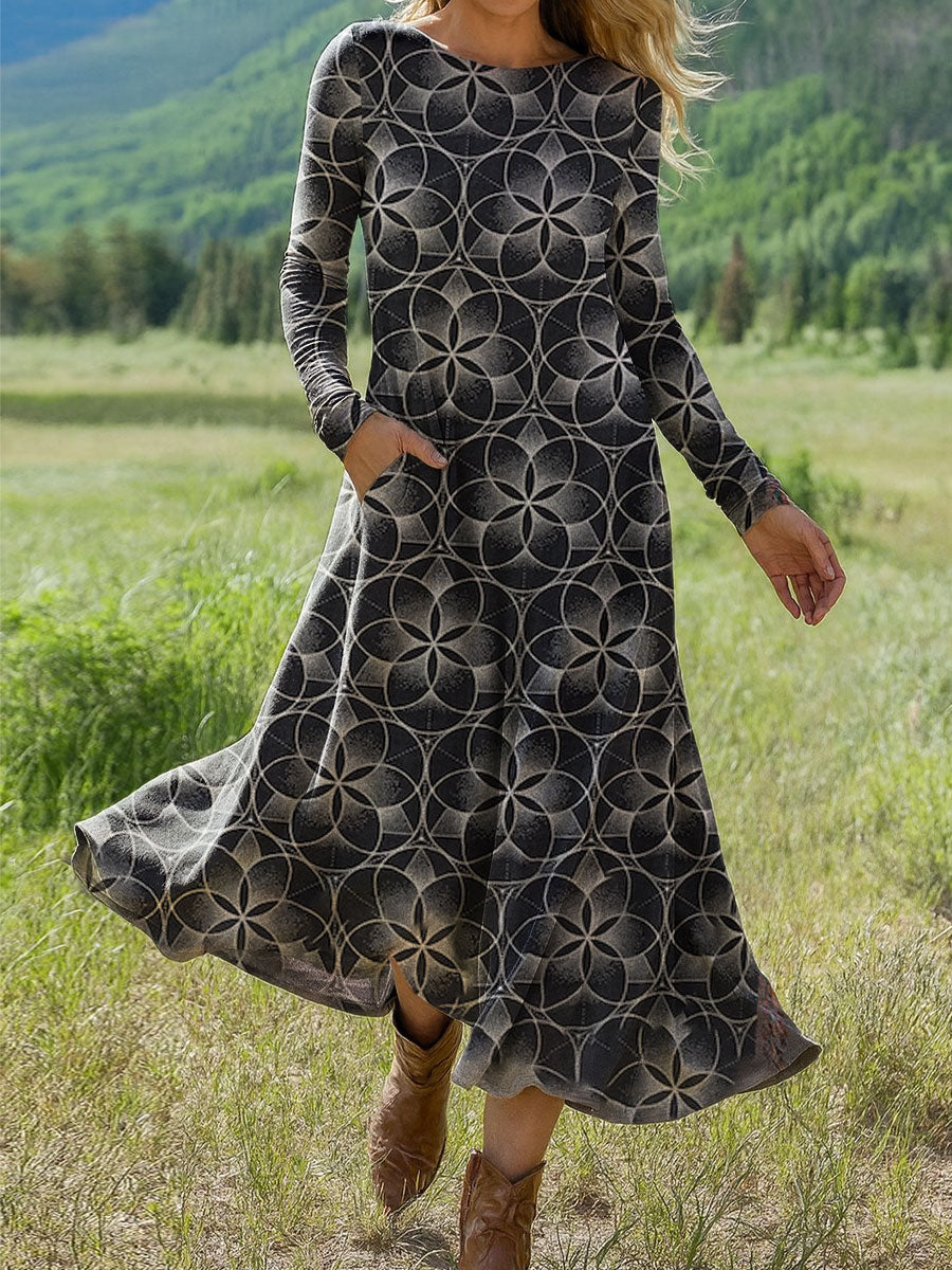 Women's Vintage Abstract Geometry Flower Art Print Long-sleeved Dress