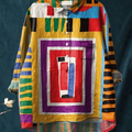 Women's Abstract Geometry with Colored Squares Print Casual Cotton And Linen Shirt