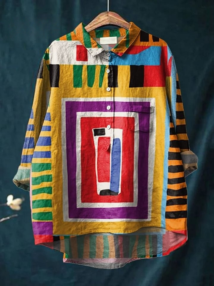 Women's Abstract Geometry with Colored Squares Print Casual Cotton And Linen Shirt
