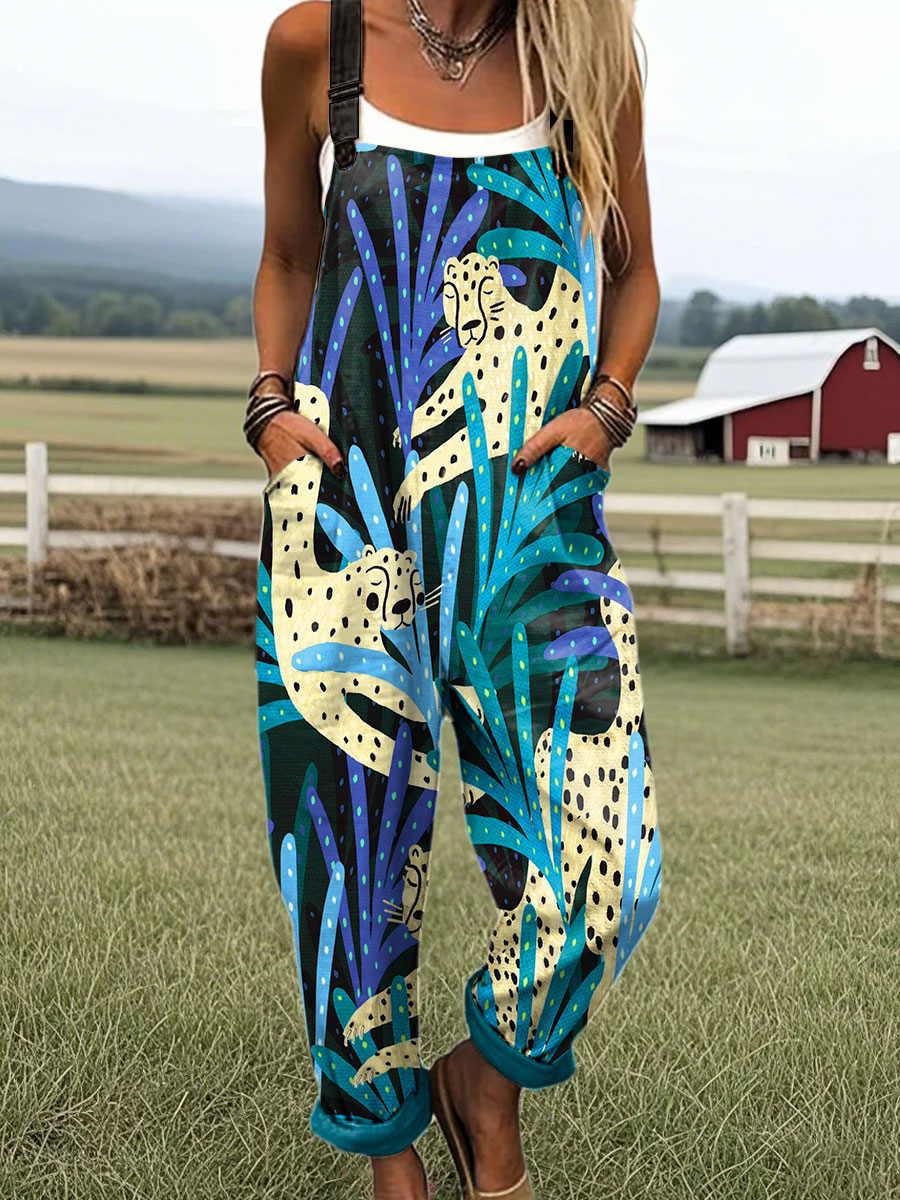 Women's Tropical Plants Leopard Art Print Casual 100% Cotton Wide Leg Jumpsuit