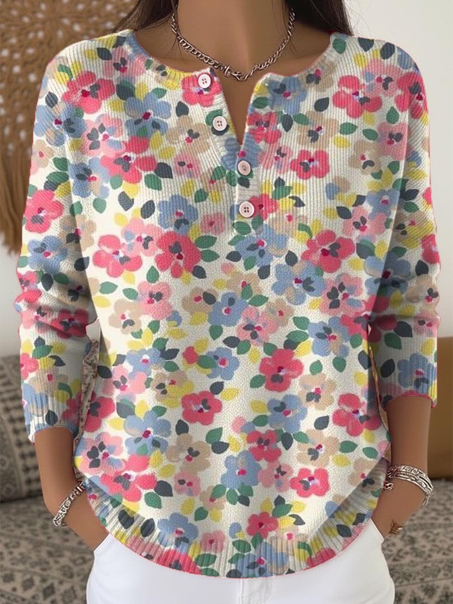 Women's Floral Pattern Art Print Buttoned Cardigan Sweater
