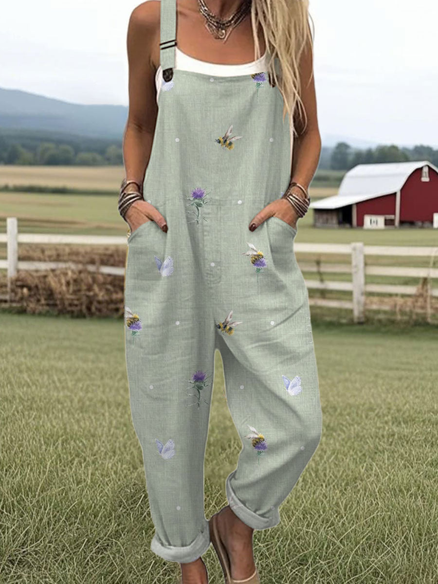 Women's  Funny  Bee Art Print Casual 100% Cotton Wide Leg Jumpsuit